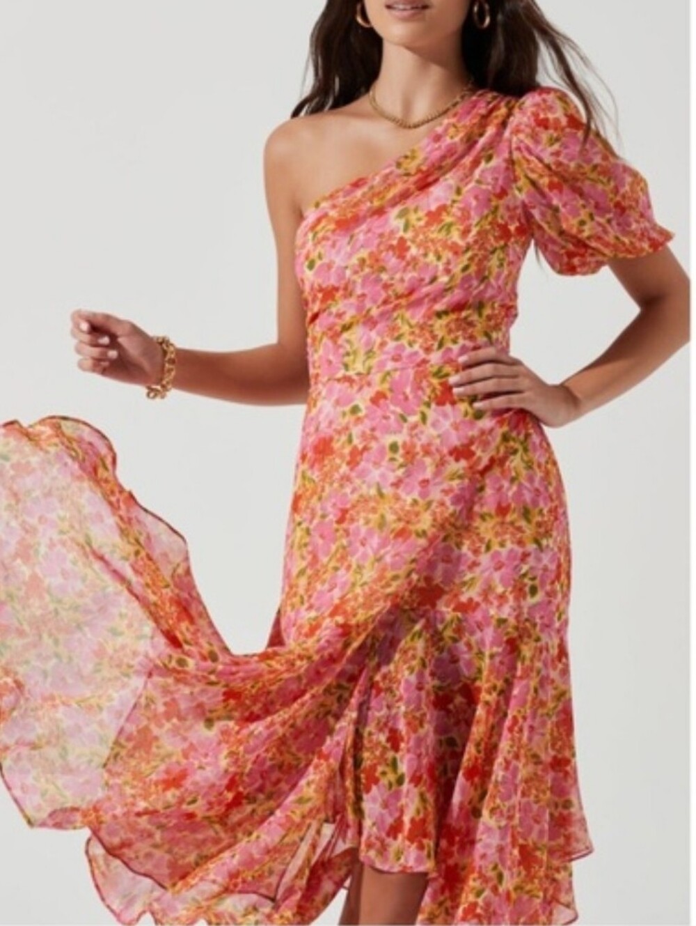 ASTR the Label Santorini Pink Orange Floral One Shoulder Midi Dress Size Small S